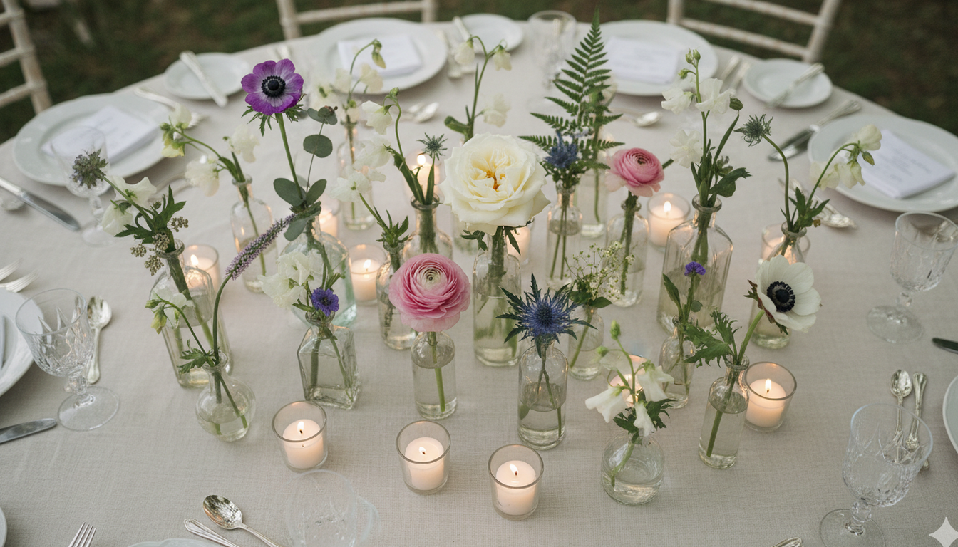 Constellation of small bud vases with single stems and votives on a garden wedding table