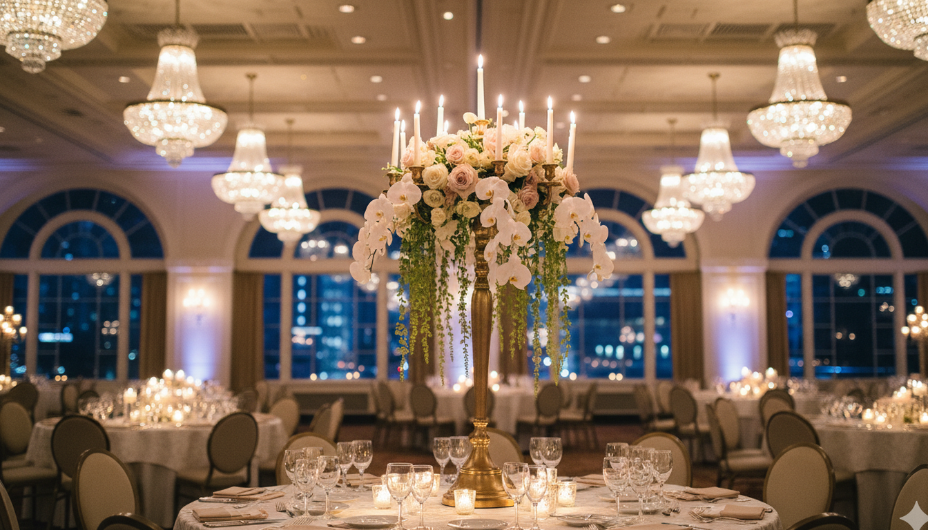 Dramatic tall gold candelabra centrepiece with orchids and cascading amaranthus in a grand ballroom