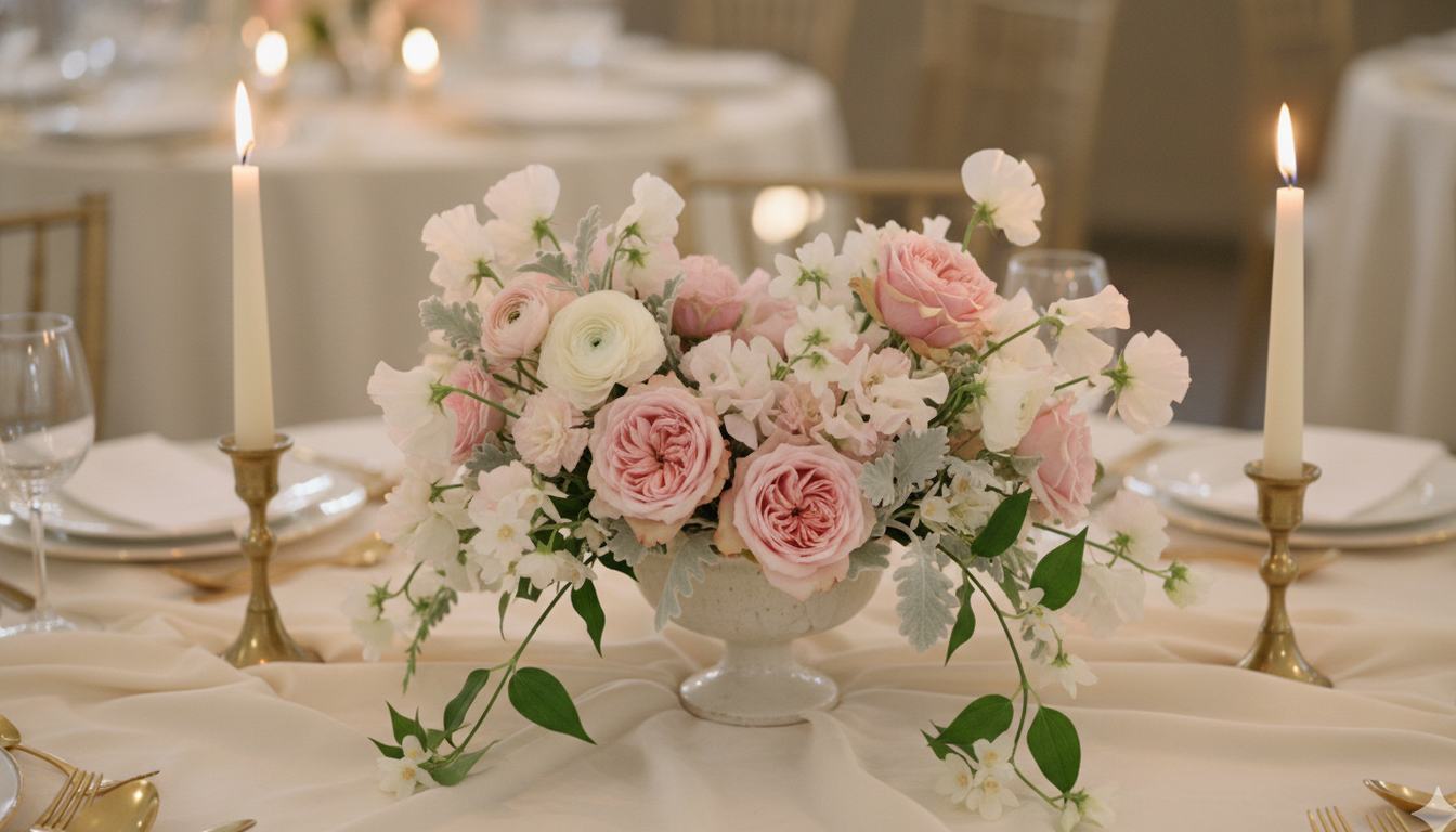 Elegant compote centrepiece with garden roses and ranunculus on a round wedding table