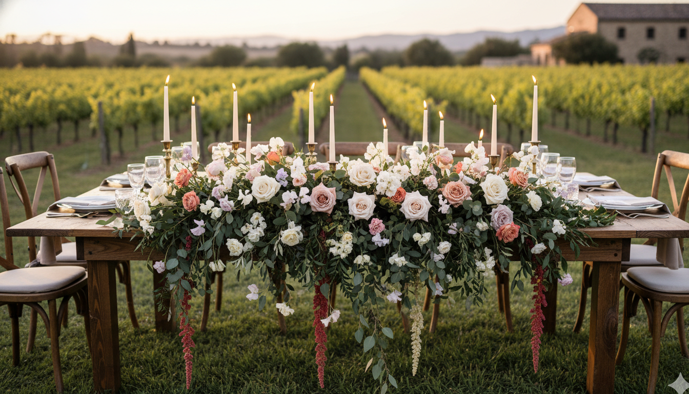 Lush garden runner floral arrangement on a long farm table at a vineyard wedding