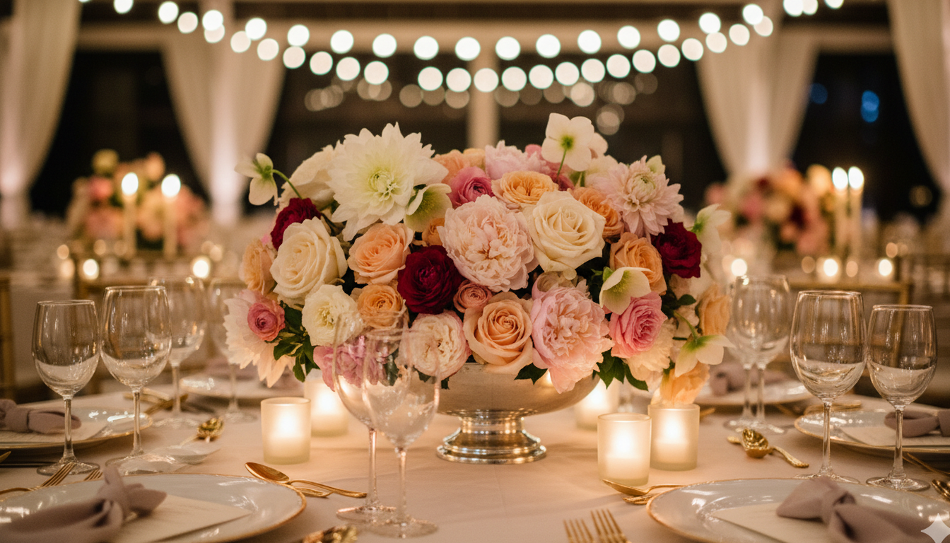 Dense low and lush flower mound centrepiece packed with roses and peonies