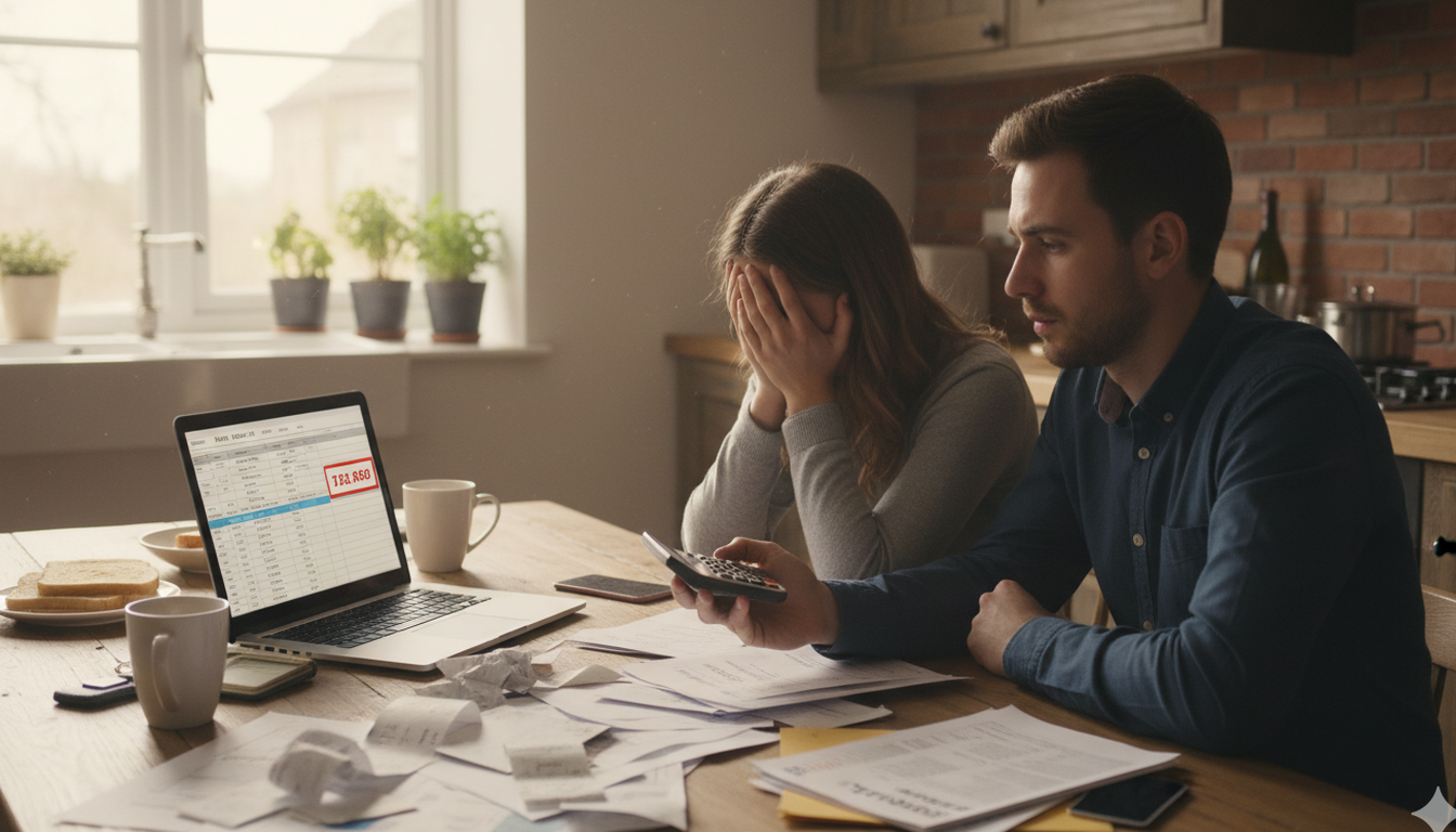 Stressed couple at kitchen table overwhelmed by wedding costs and receipts