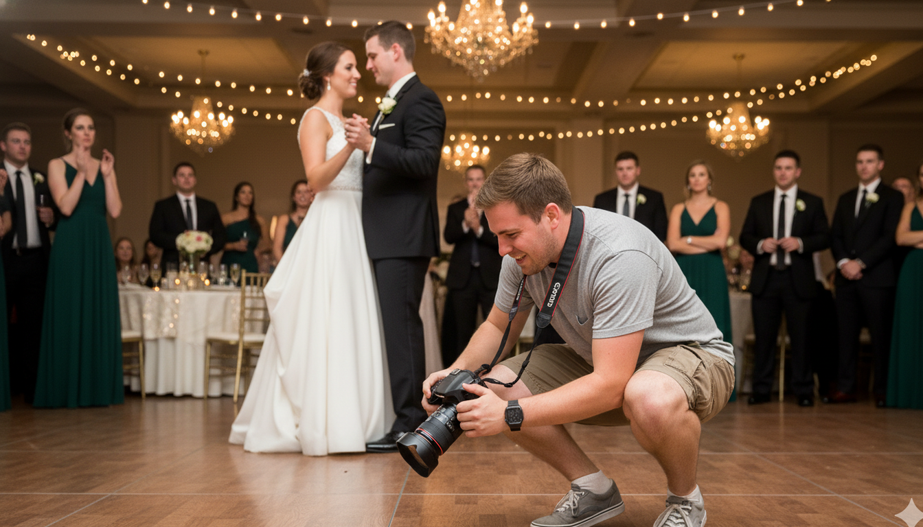 Friend in casual clothes awkwardly photographing first dance on the dance floor