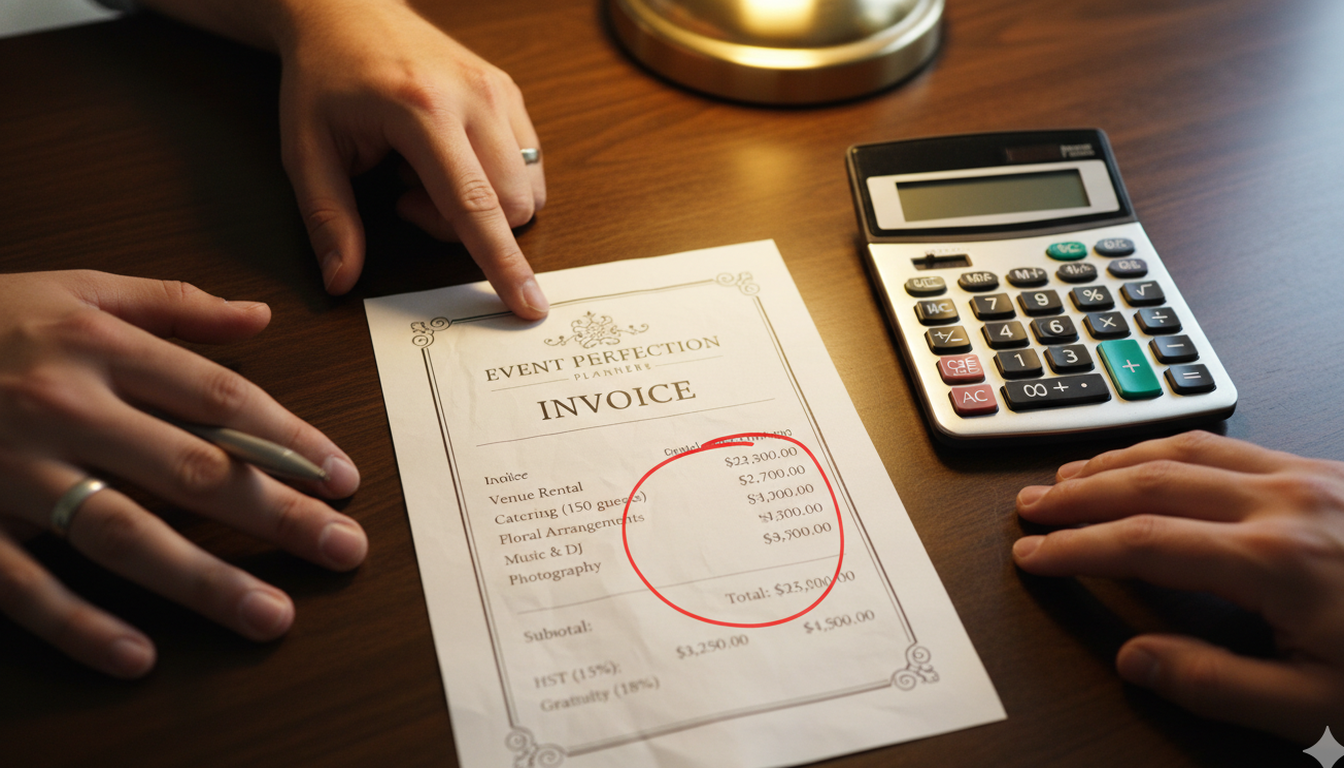 Wedding vendor invoice with HST and gratuity circled showing much higher total than expected