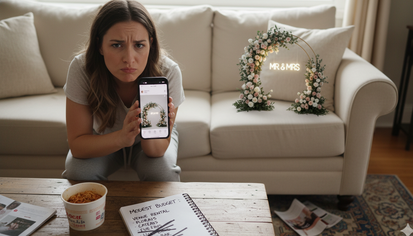 Bride-to-be frustrated comparing glamorous Instagram wedding on phone to her modest budget notebook
