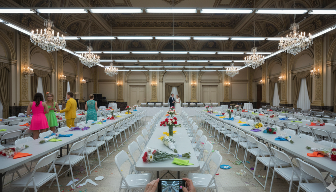 A gorgeous ballroom venue ruined by poor planning — folding chairs, bare tables, mismatched bridesmaids, cheap centerpieces