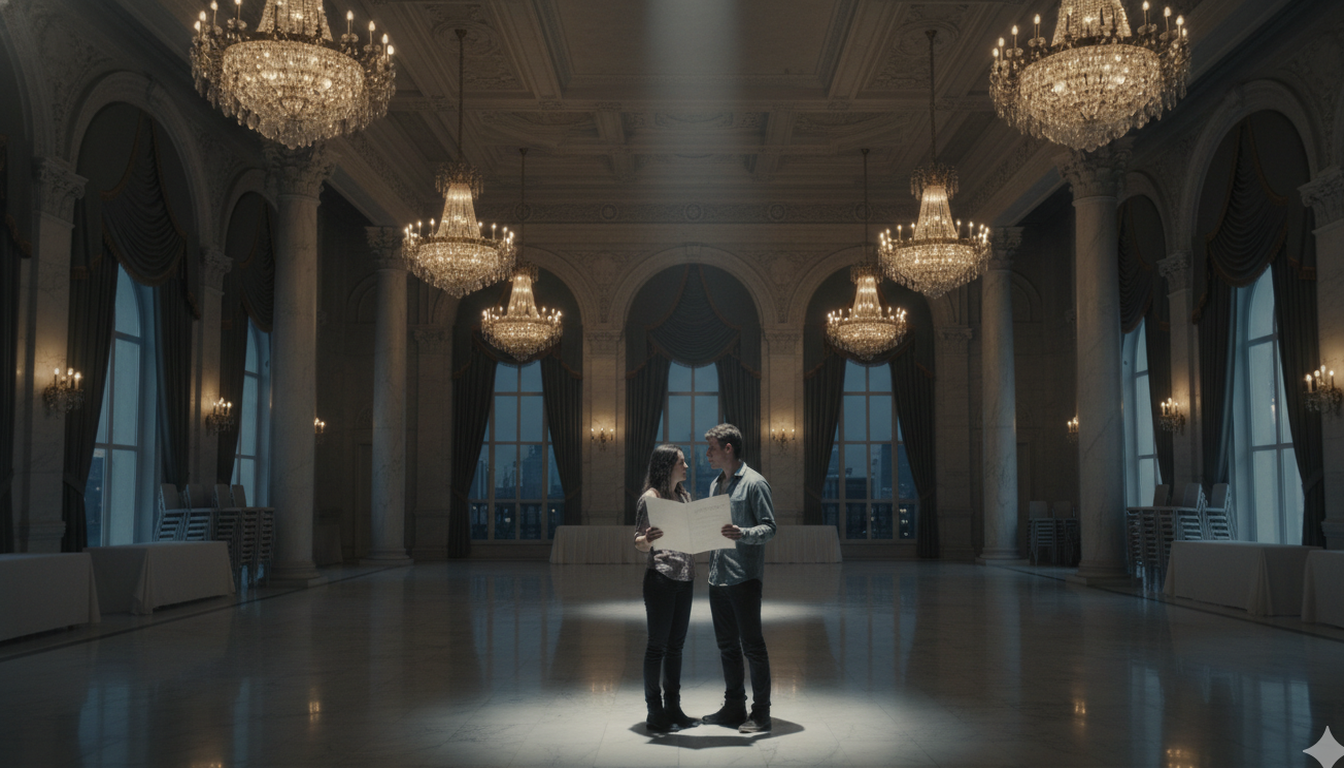 Couple standing alone in a grand empty ballroom looking overwhelmed