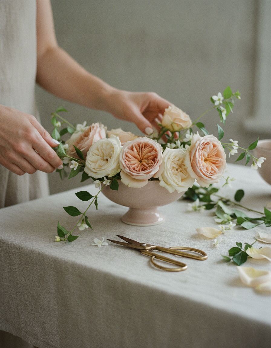 Hands arranging garden roses and trailing jasmine into a low footed bowl on linen