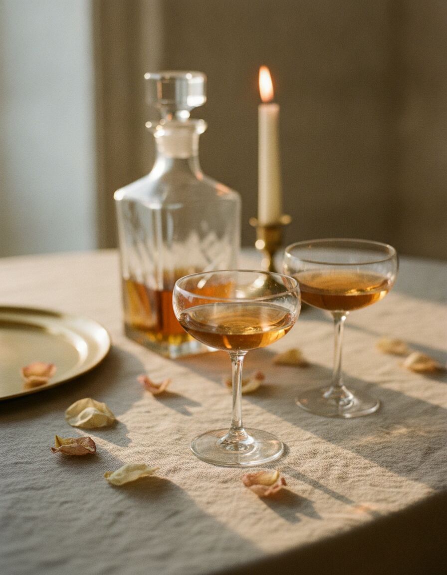 Coupe glasses and a decanter catching late afternoon light on a linen covered table