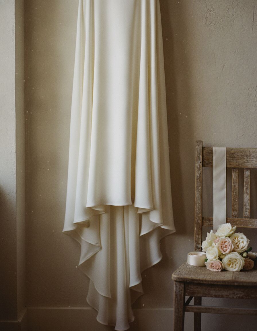 A silk gown hanging in soft window light against a plaster wall beside a weathered chair