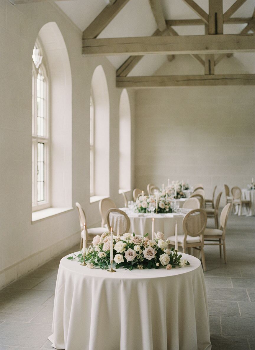 A stone hall with arched windows and timber beams set with round tables in ivory linen