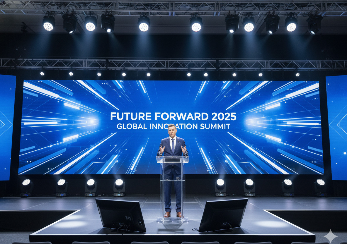 Corporate event stage with branded backdrop