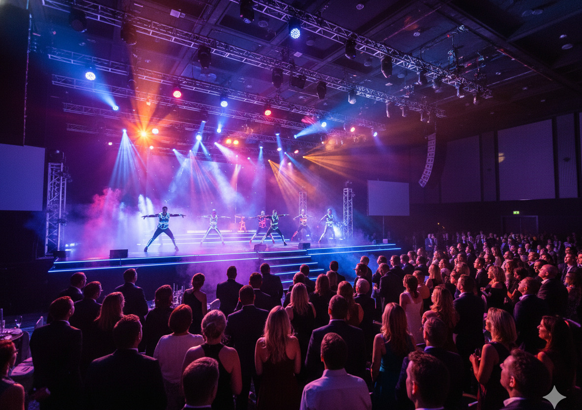 Spectacular stage with professional dancers and dramatic lighting
