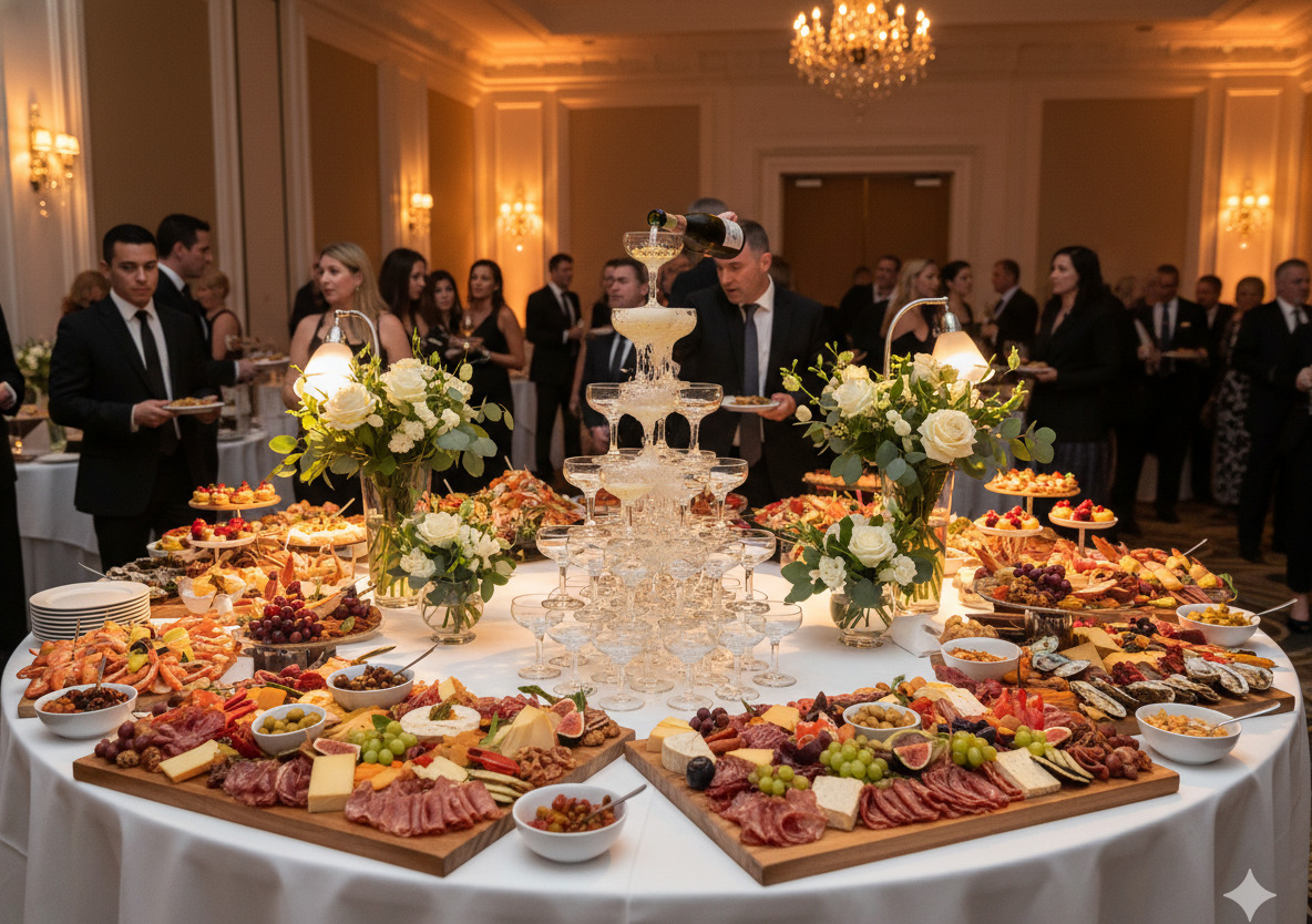 Luxurious catering buffet spread with gourmet food displays