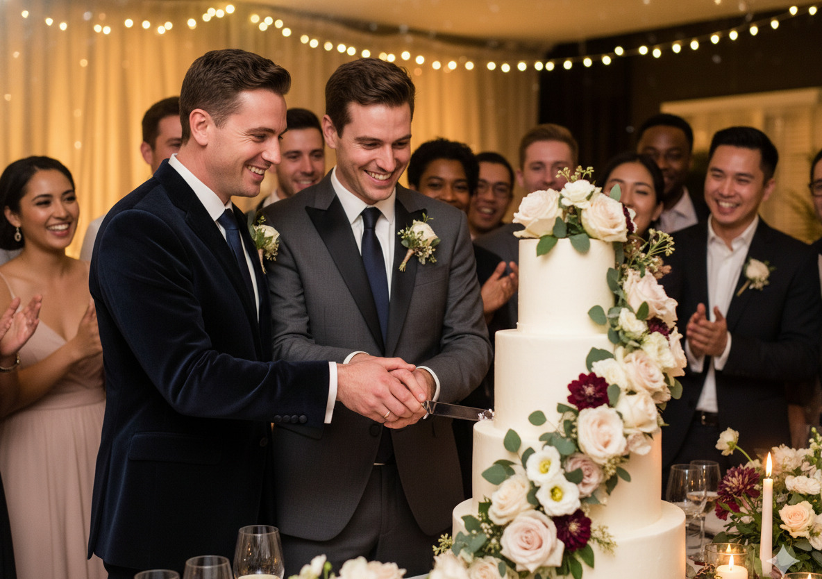 Joyful couple celebrating their wedding with floral decorations