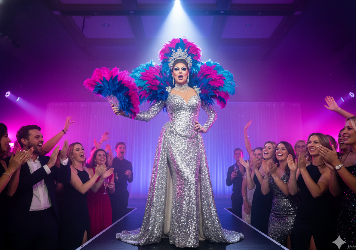 Glamorous drag queen performer at an elegant party