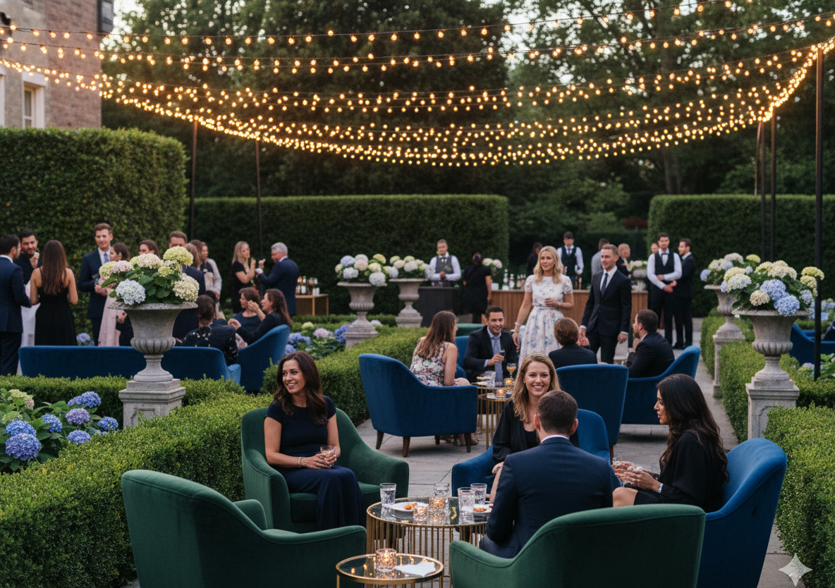 Elegant outdoor garden party with luxury furniture rentals