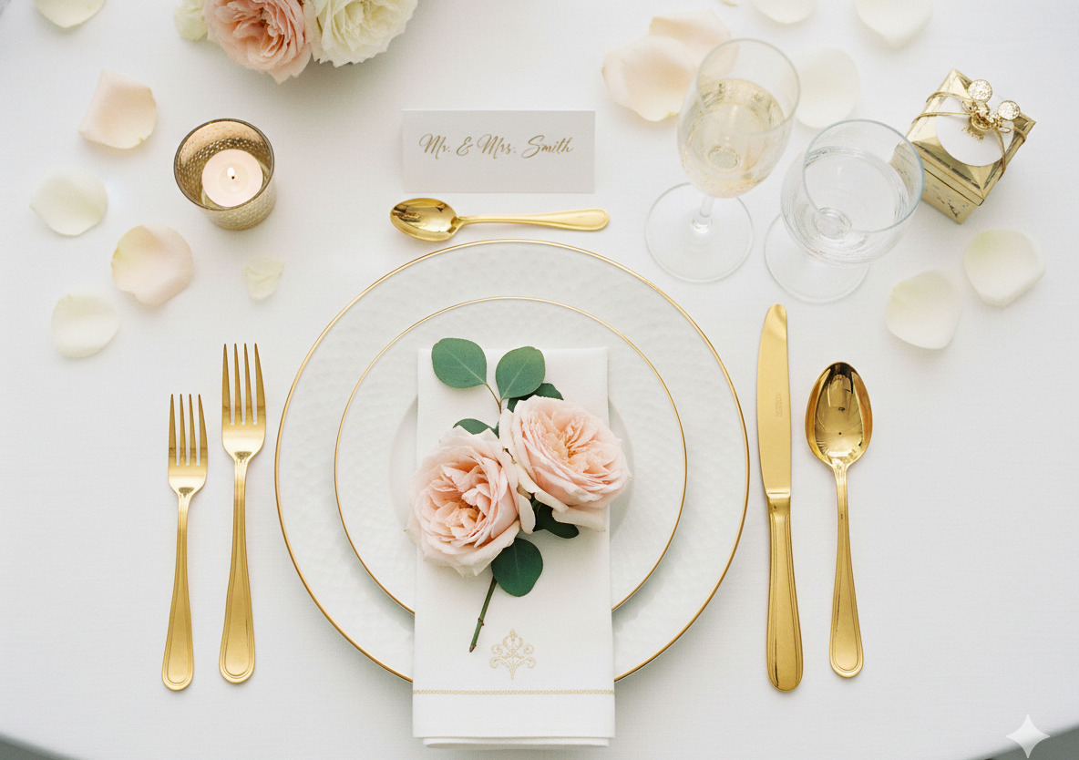 Overhead flat lay of wedding table setting with gold accents