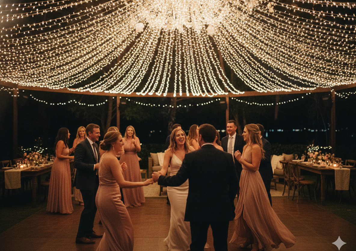 Wedding reception dance floor with fairy lights