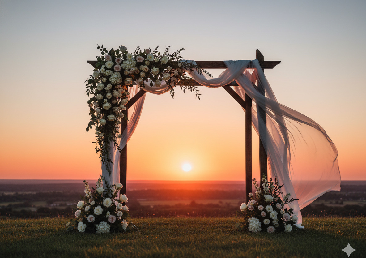 Elegant wedding arch with white and blush florals at sunset
