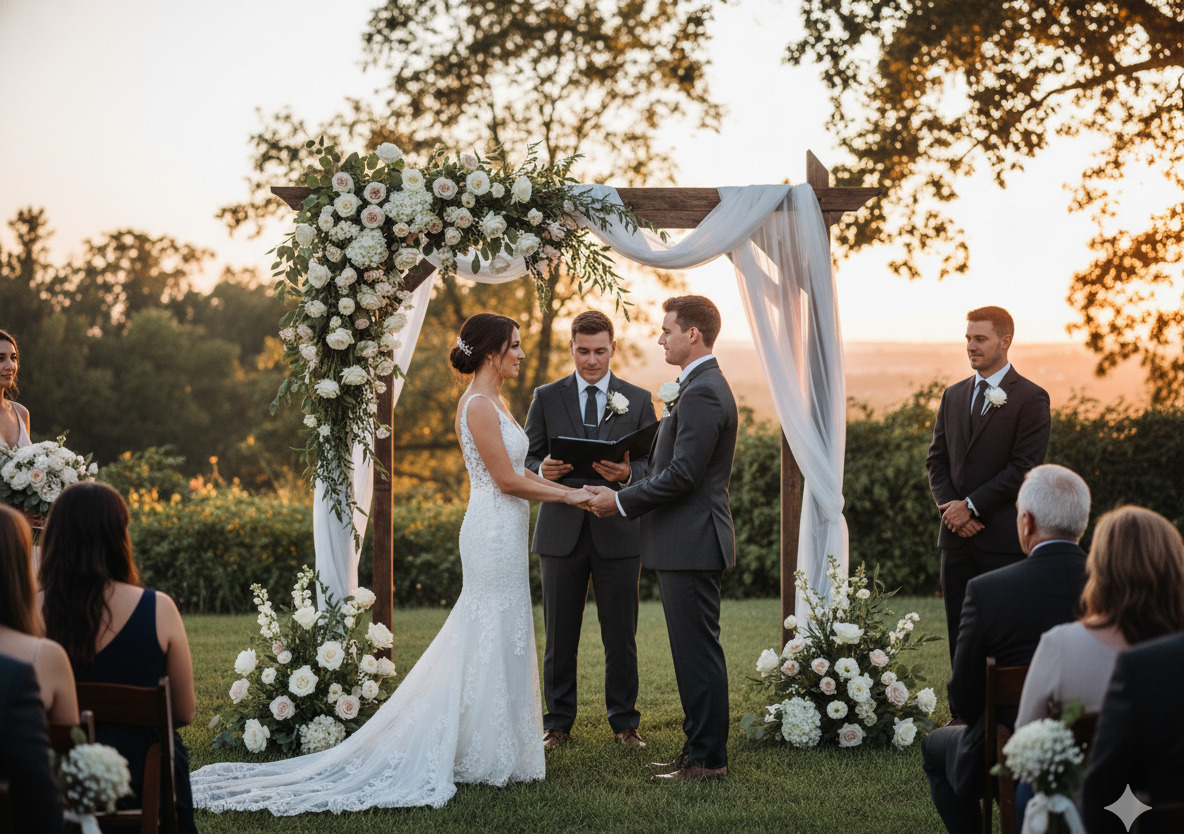 Wedding ceremony moment with floral backdrop